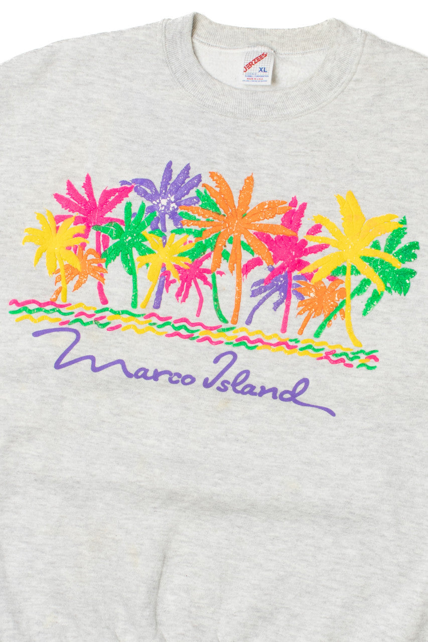 Vintage "Marco Island" Embossed Palm Tree Print Sweatshirt