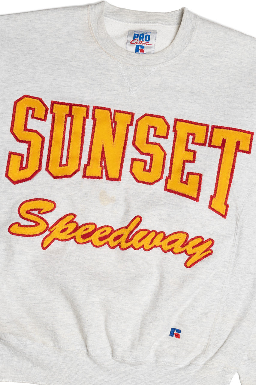Vintage "Sunset Speedway" Tackle Twill Embroidered Russell Athletic Sweatshirt (1990s)