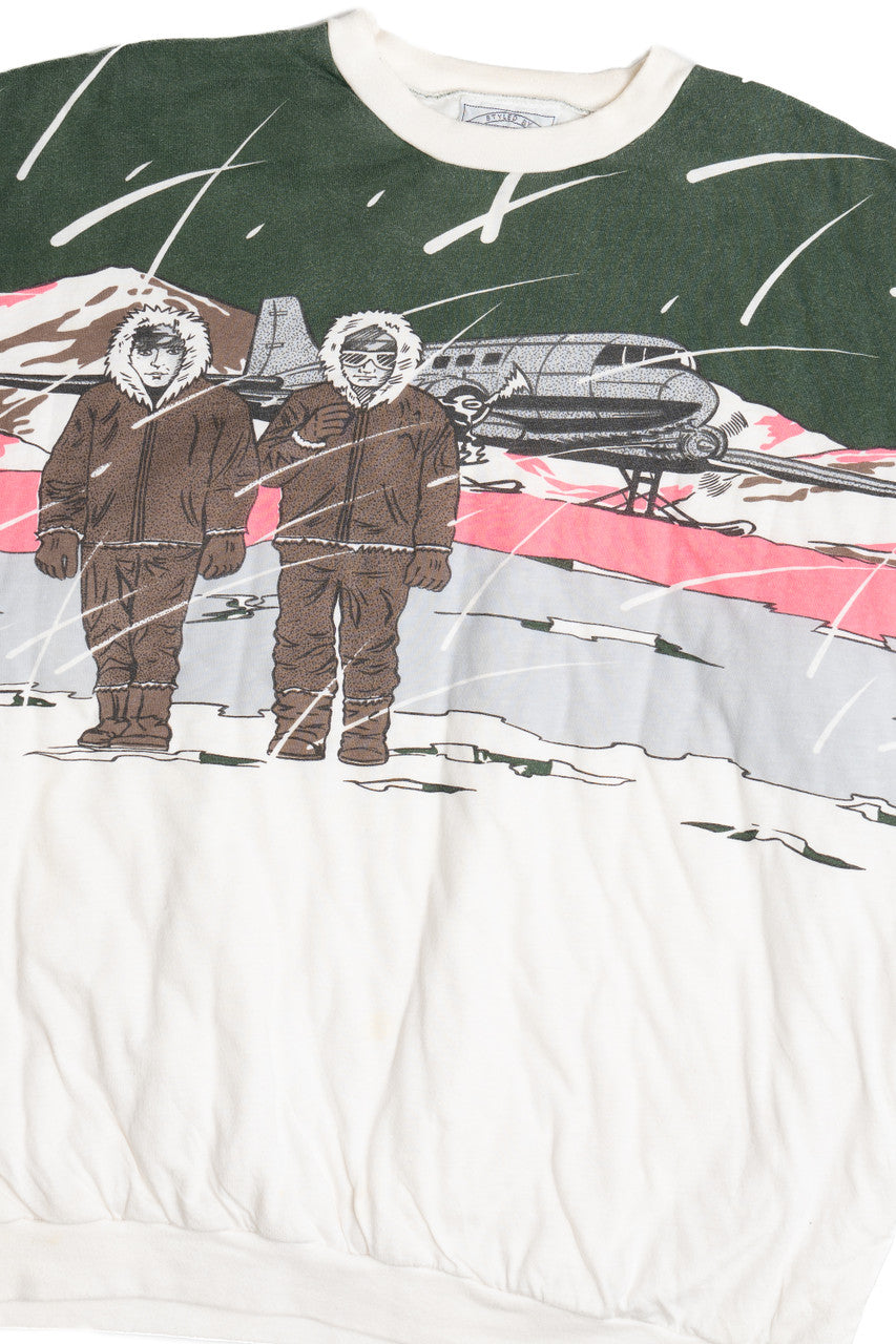 Snowy Wraparound Print Heavyweight Soft Quilted-Lined Sweatshirt (1990s)