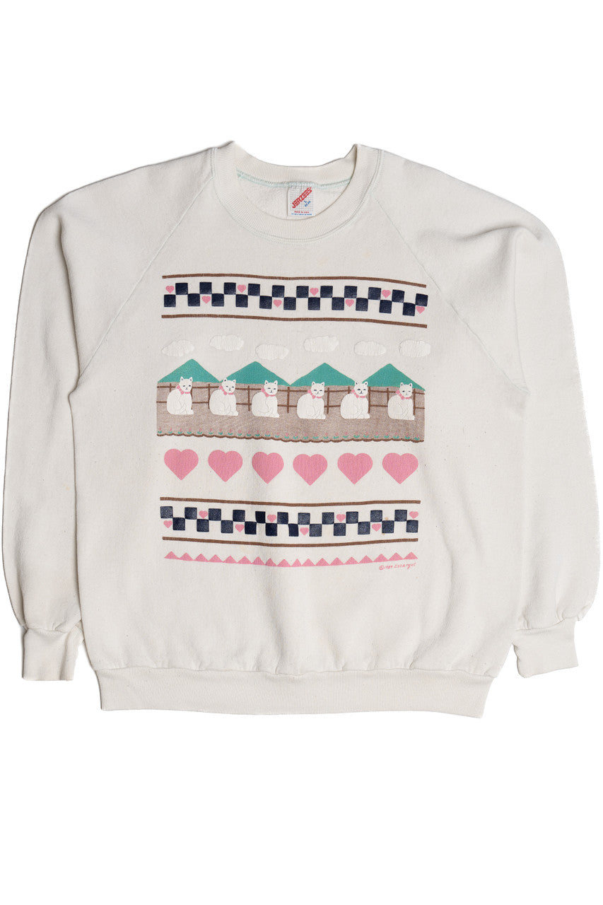 Vintage 1989 Cats & Checkered Hearts Embossed Print Sweatshirt