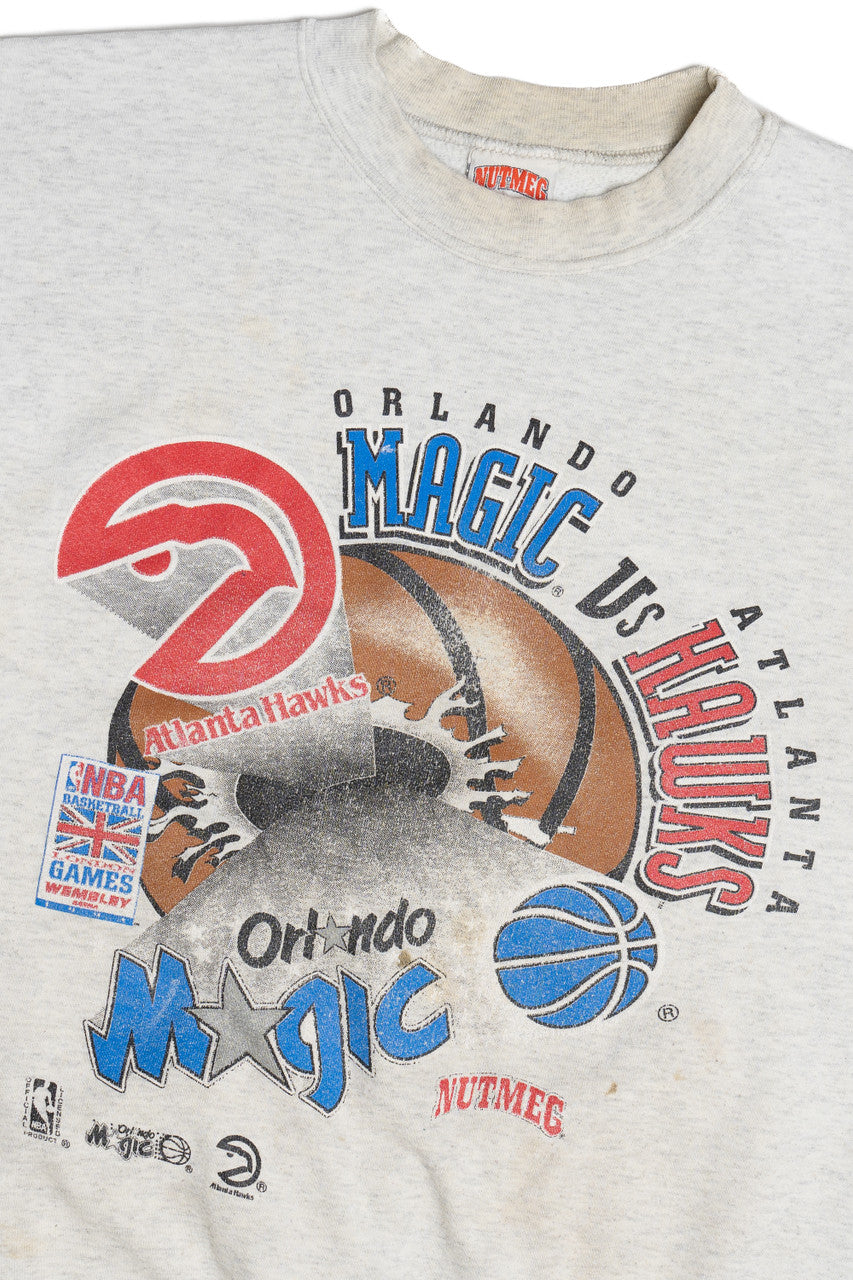 Vintage 1993 NBA London Games Magic Vs. Hawks Nutmeg Short Sleeve Sweatshirt (1990s)