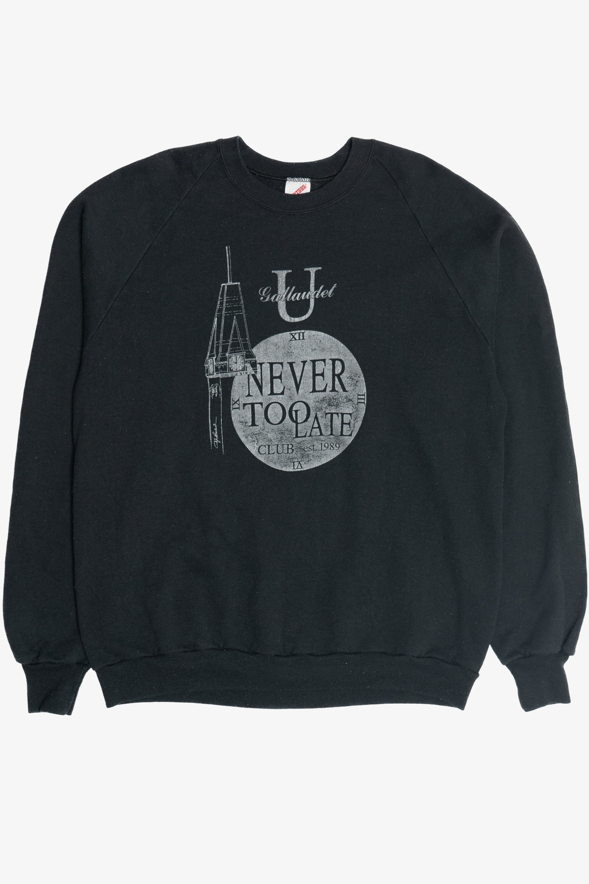 Vintage "Never Too Late Club" U Gallaudet Moon & Steeple Print Sweatshirt (1980s)