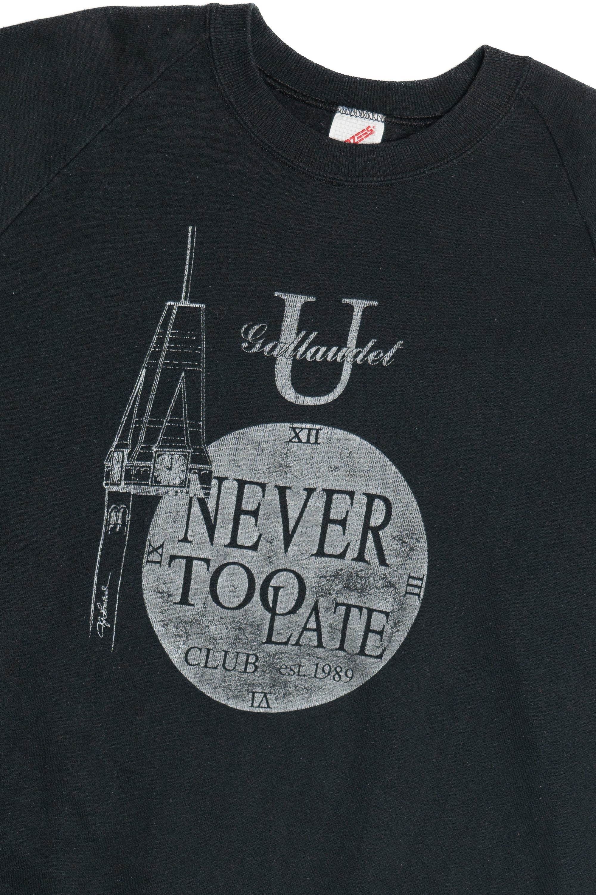 Vintage "Never Too Late Club" U Gallaudet Moon & Steeple Print Sweatshirt (1980s)