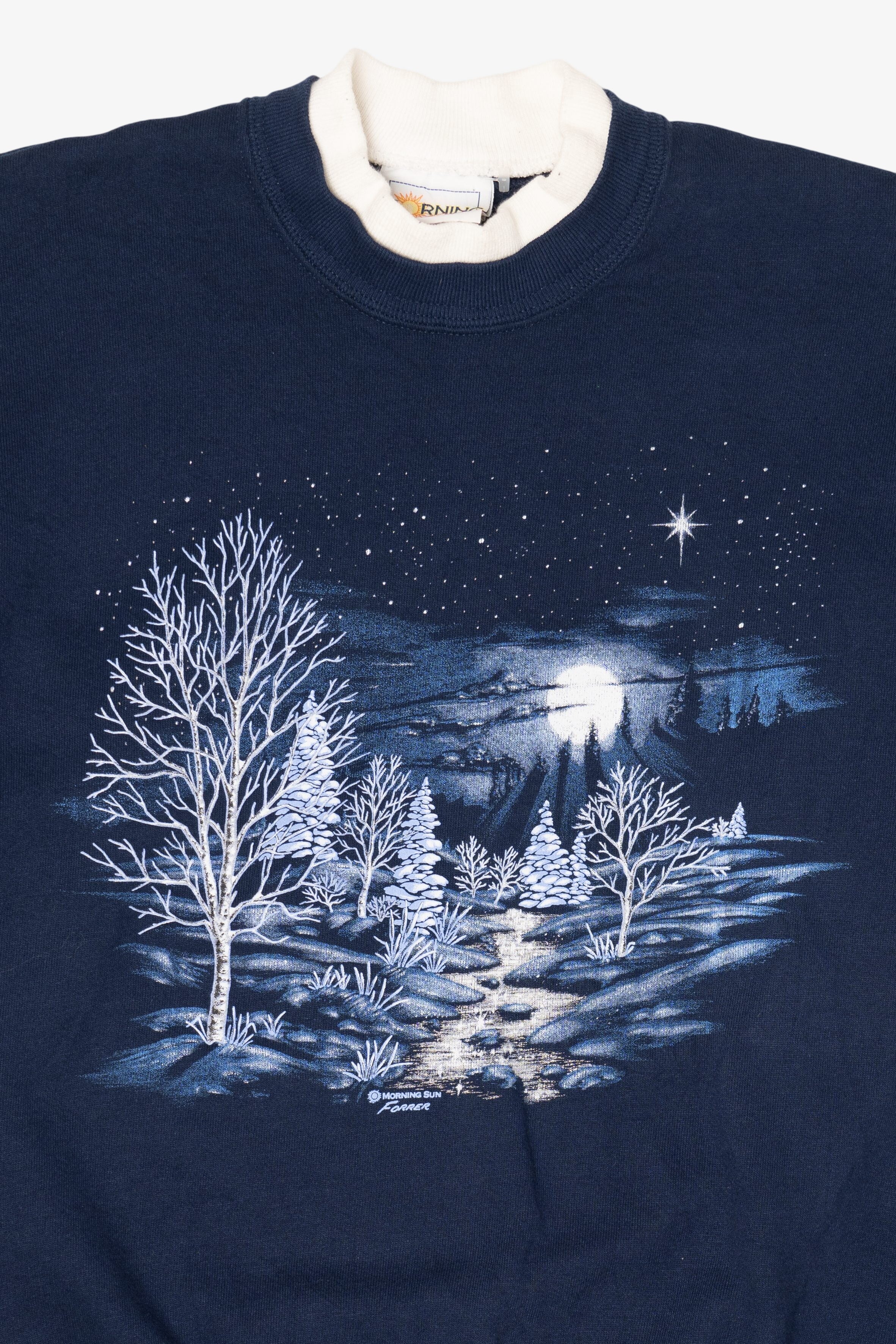 Vintage Navy Blue Starry Winter Night Scene Sweatshirt (1990s)