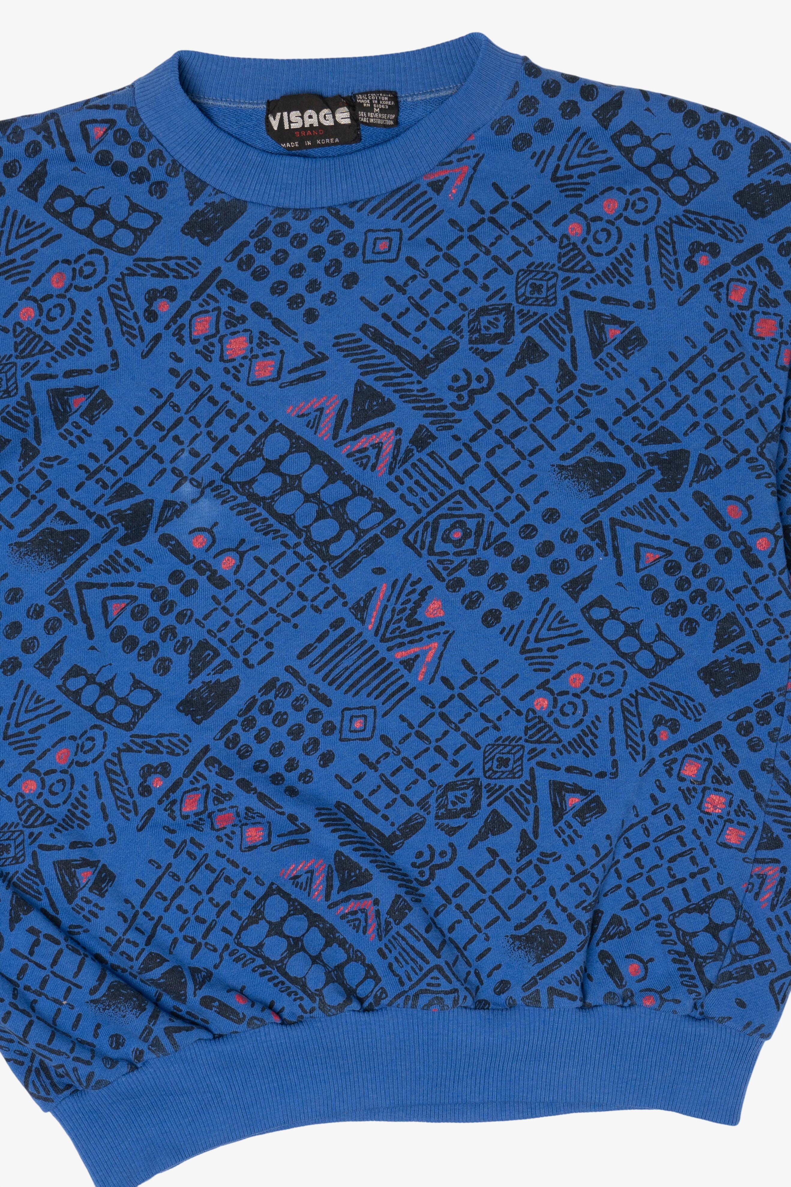Vintage Blue Visage Geometric Pattern Sweatshirt (1990s)