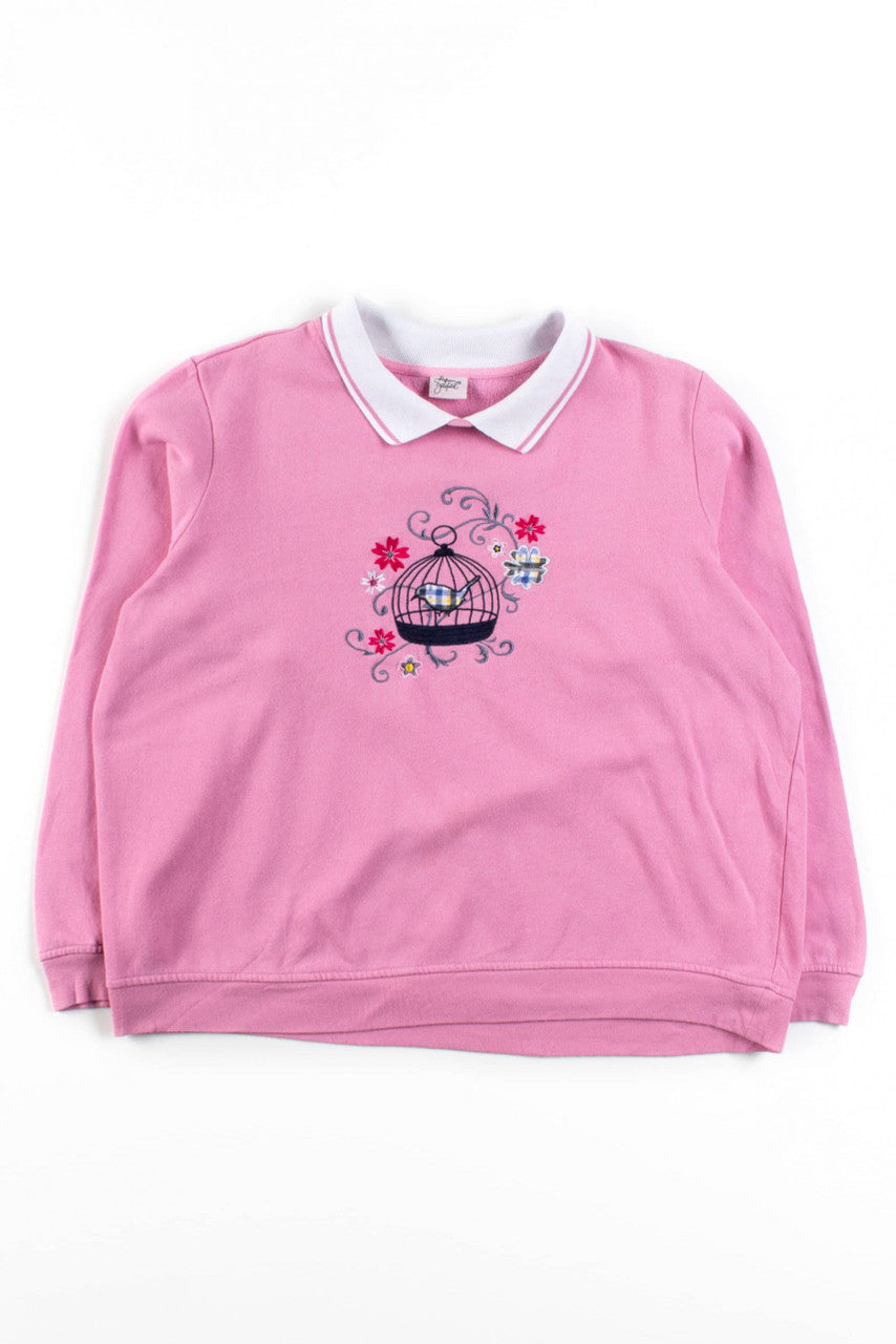 Vintage Embroidered Birdcage Collared Sweatshirt