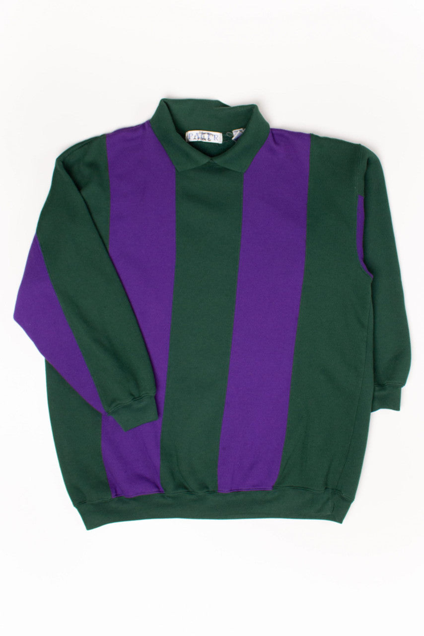 Vintage Purple & Green Striped Collared Sweatshirt (1990s)