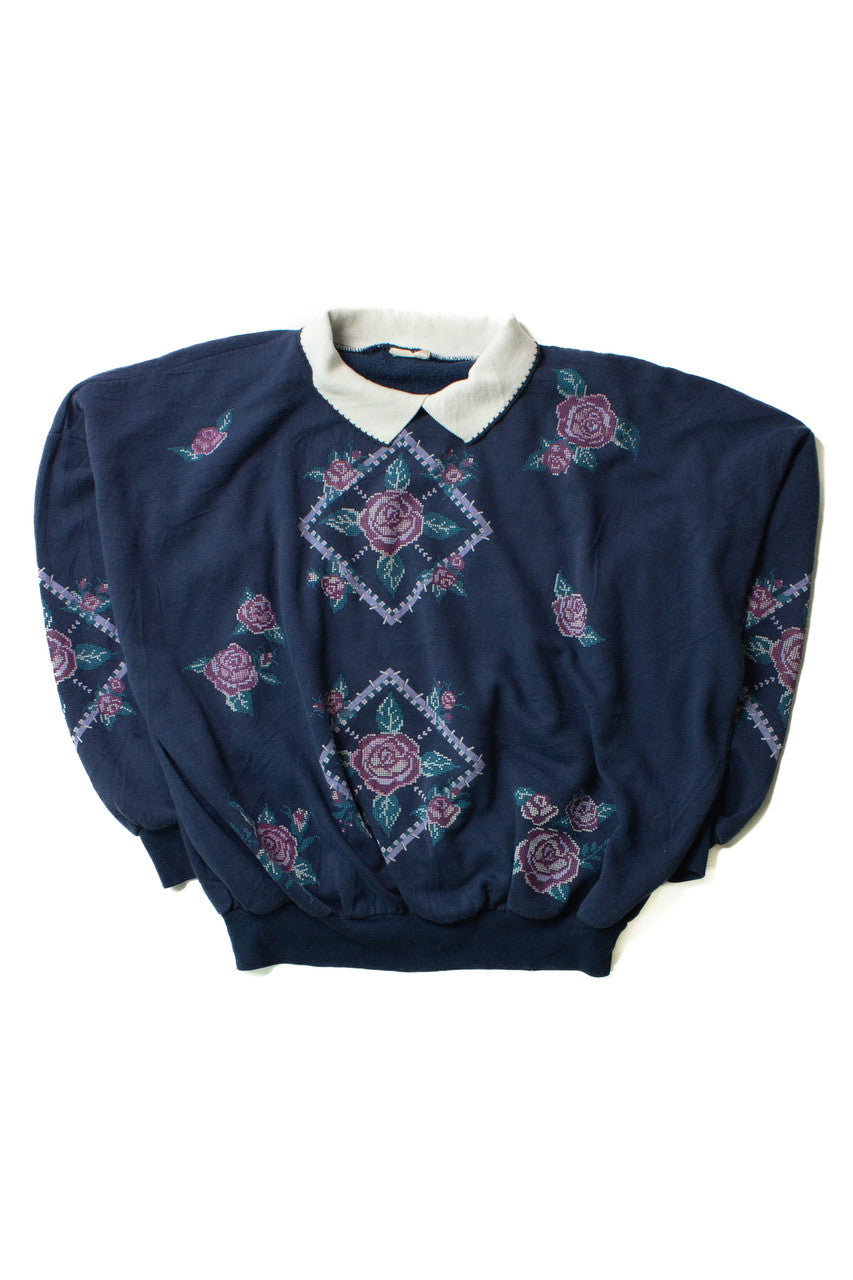 Vintage Collared Rose Graphic Grandma Sweatshirt (1990s)