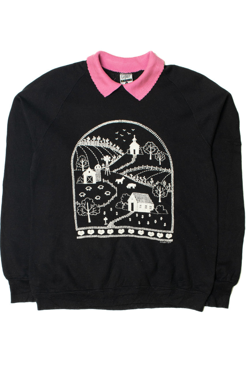 Vintage Scenic Farm Town Sweatshirt With Pink Collar