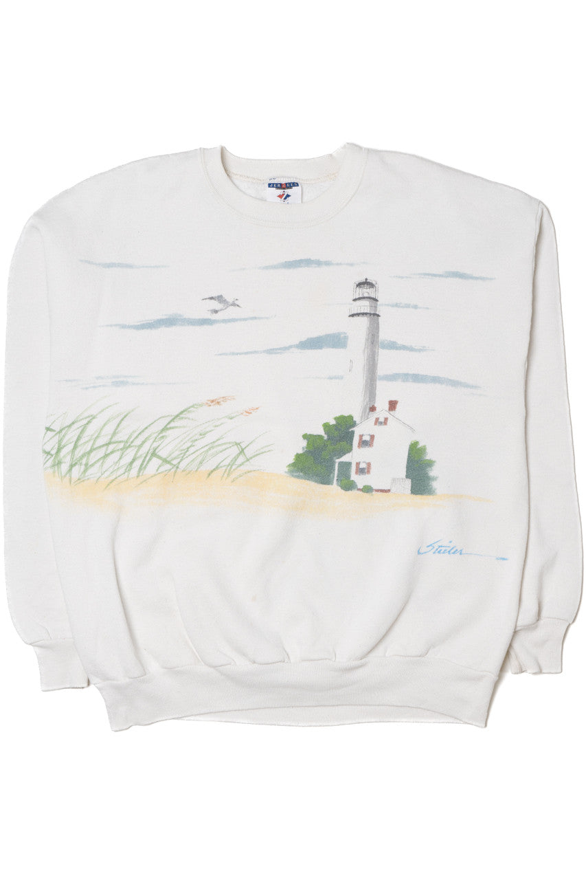 Vintage Lighthouse Coastal Scene Wraparound Print Sweatshirt
