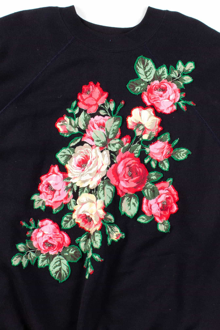 Black Beaded Floral Applique Sweatshirt