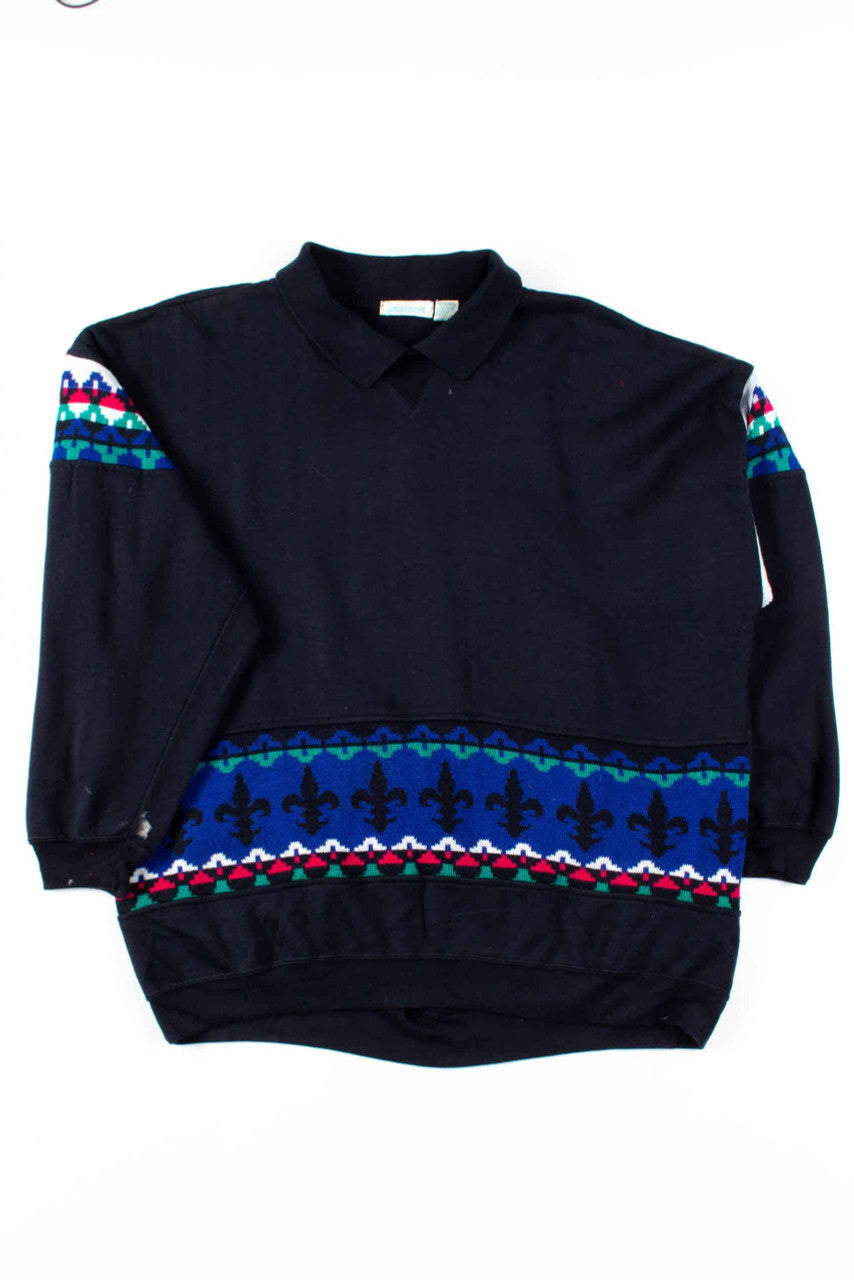 Knit Fleur De Lis Collared Sweatshirt