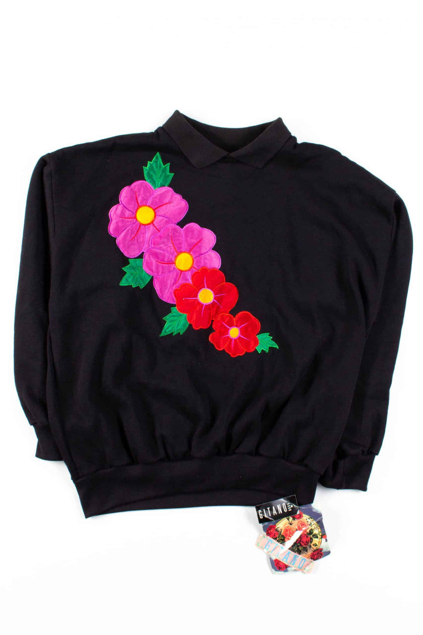Black Floral Collared Sweatshirt