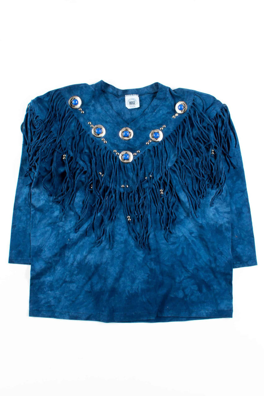 Blue Tie Dye Beaded Fringe Sweatshirt