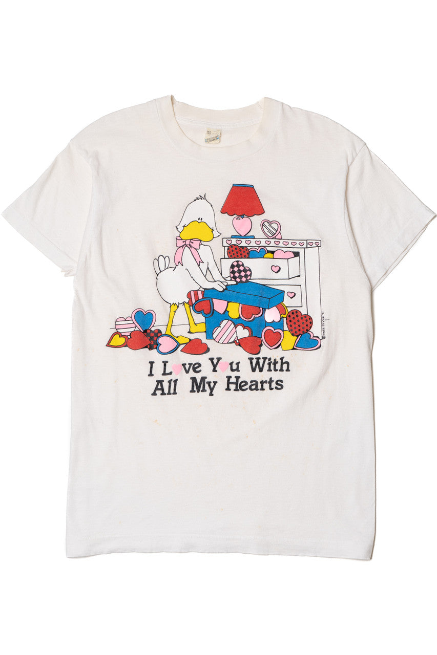 Vintage 1991 "I Love You With All My Hearts" Duck Valentine T-Shirt