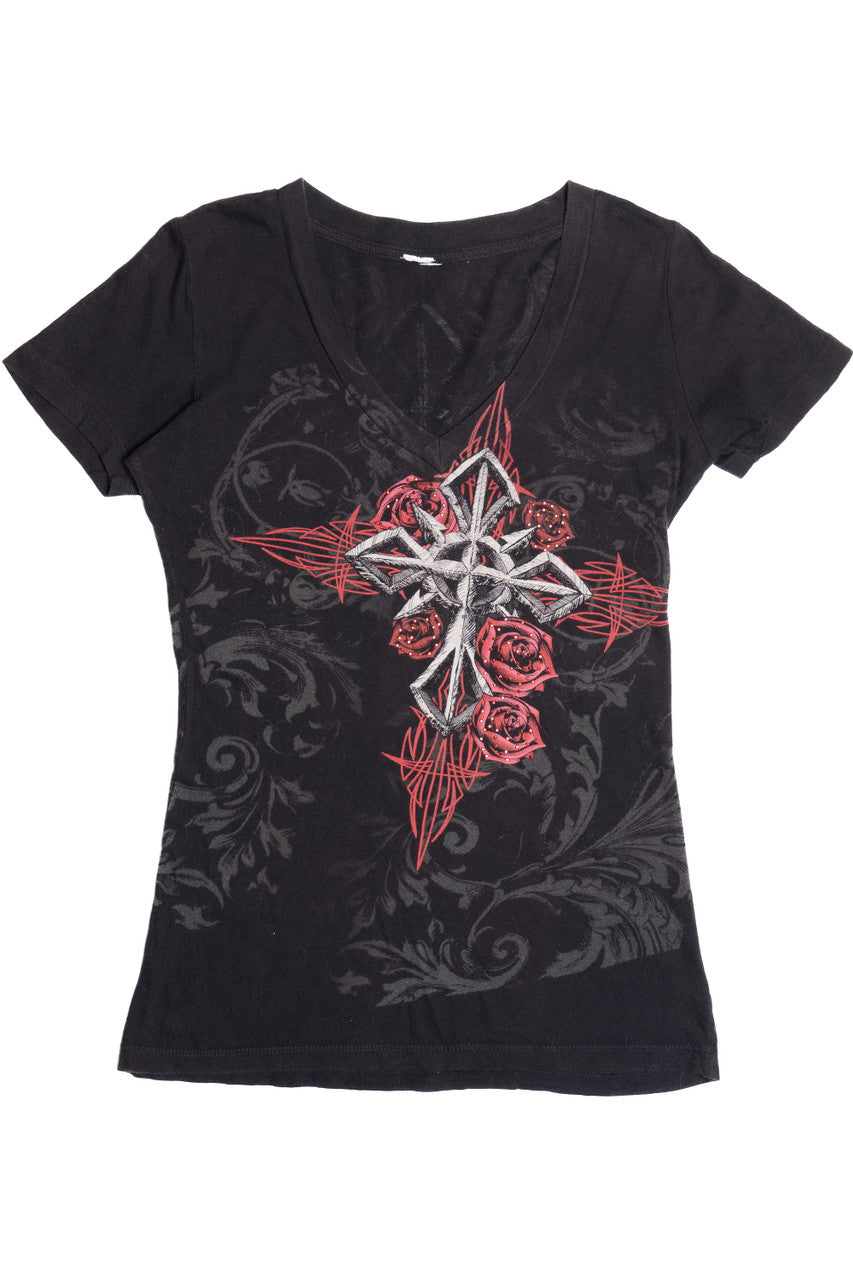 Angel Wings Rhinestone Cross Print Affliction-Style V-Neck T-Shirt