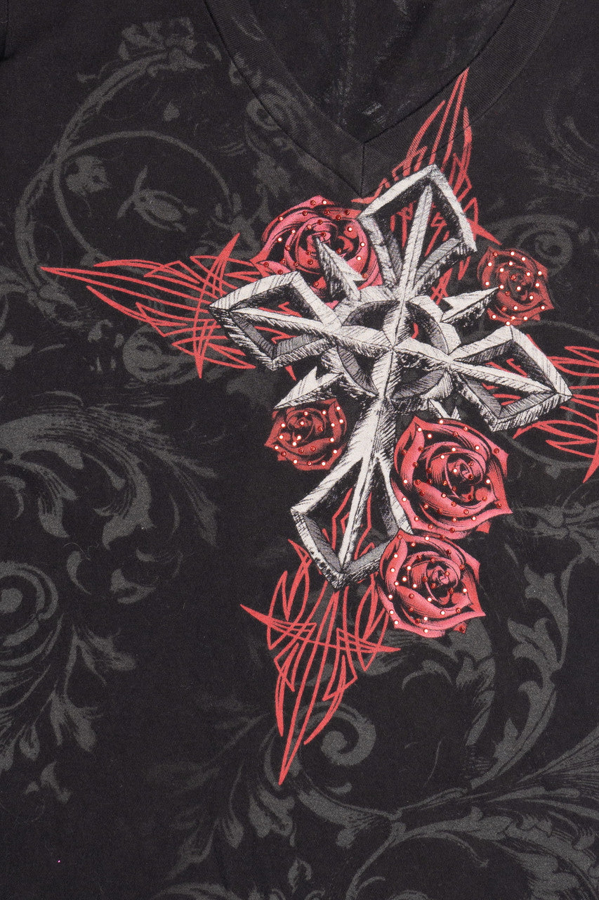 Angel Wings Rhinestone Cross Print Affliction-Style V-Neck T-Shirt