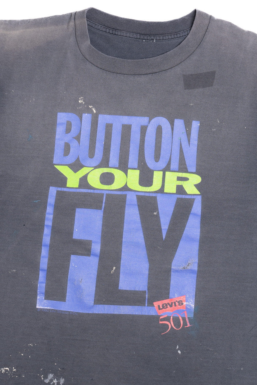 Vintage Distressed Levi's 501 "Button Your Fly" Paint Splatter T-Shirt