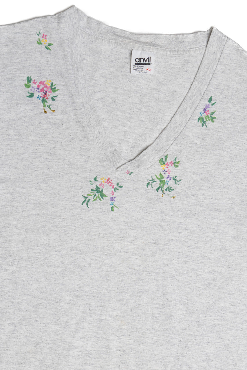 Vintage Hand Painted Floral Border V-Neck T-Shirt