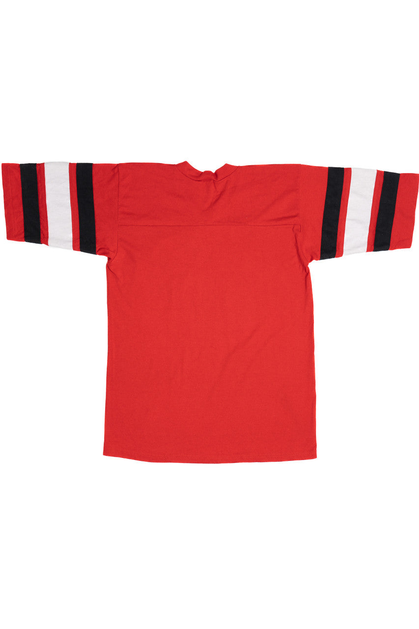 Vintage Brown University Football V-Neck Striped Sleeve T-Shirt (1980s)
