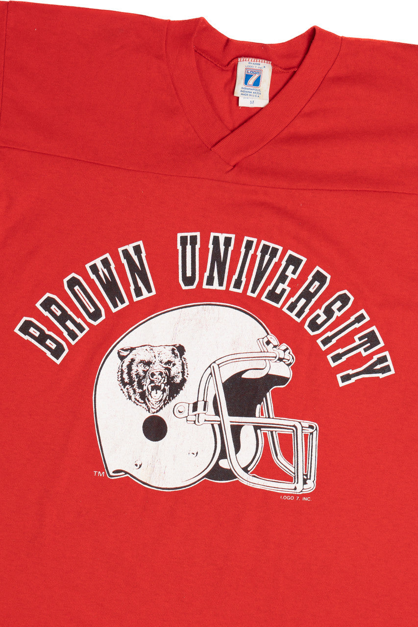 Vintage Brown University Football V-Neck Striped Sleeve T-Shirt (1980s)