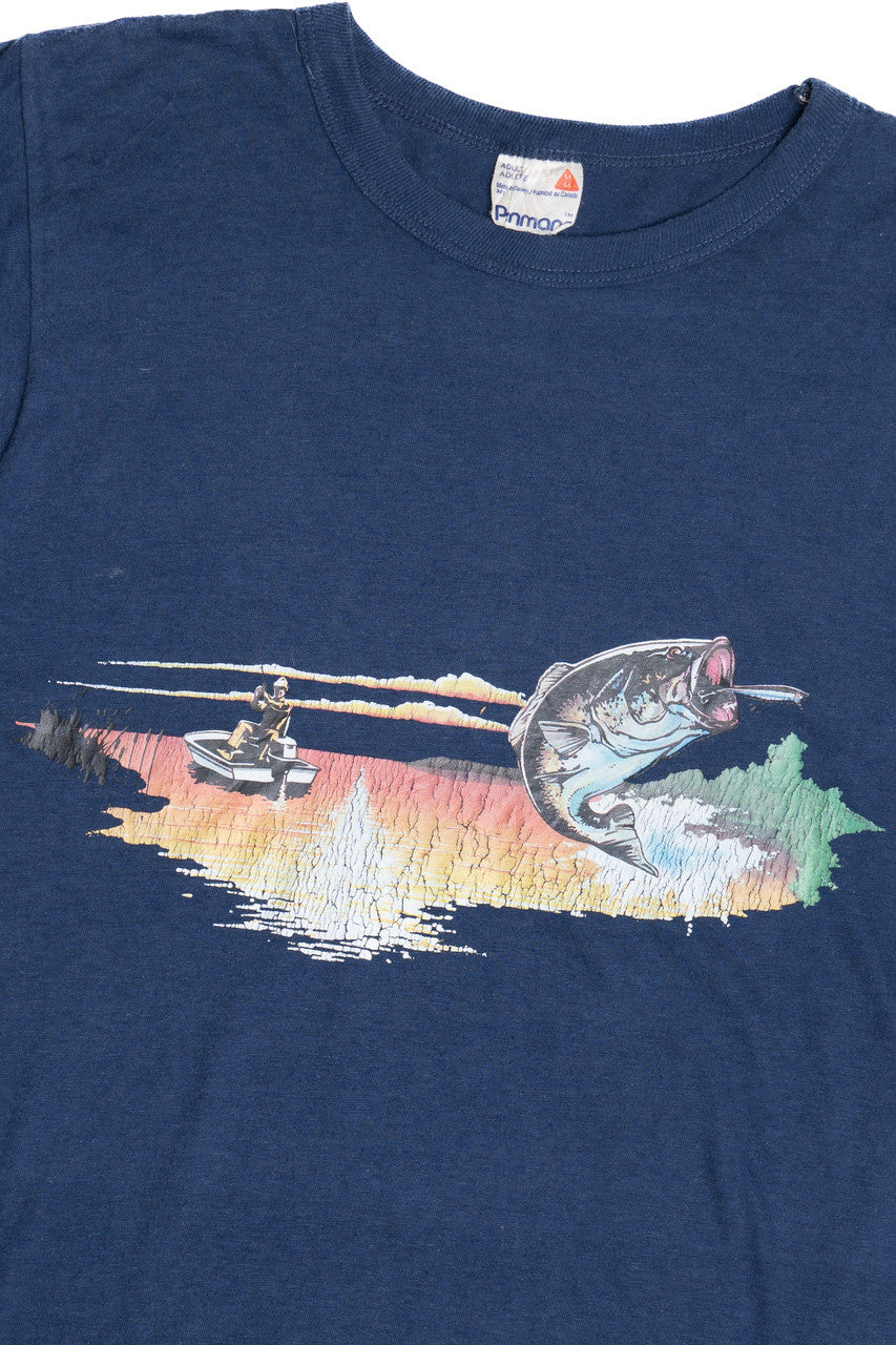 Vintage Sunset Fishing Print Ringer T-Shirt (1980s)