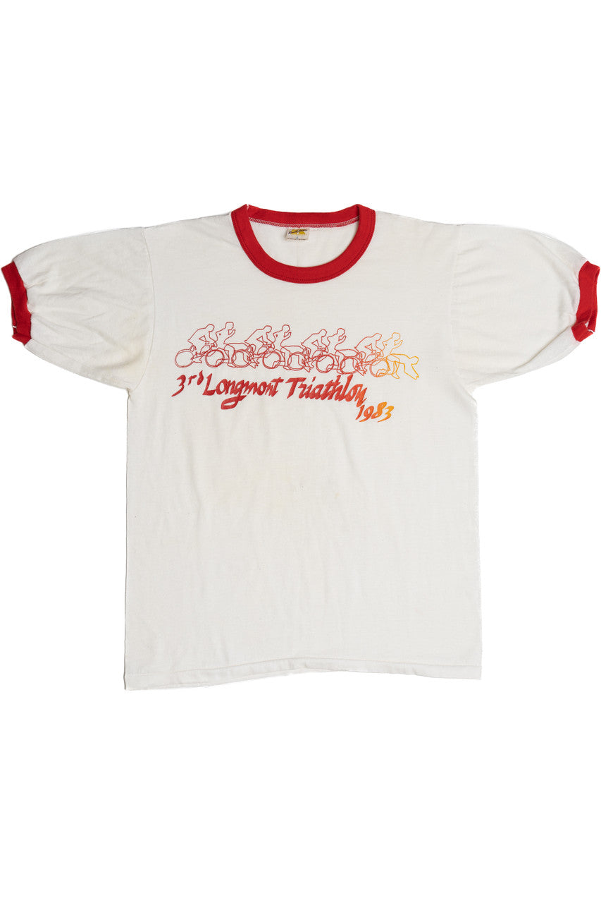 Vintage "3rd Longmont Triathlon 1983" Red Ringer T-Shirt (1980s)