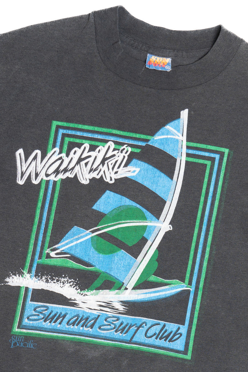 Vintage Distressed "Waikiki Sun And Surf Club" Windsurfing Paper Thin T-Shirt (1980s)