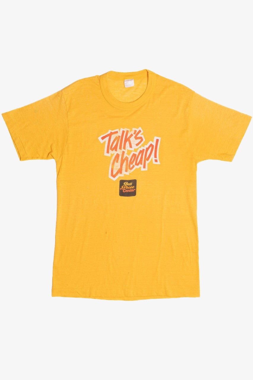 Vintage Distressed "Talk's Cheap!" Bell Phone Center Single Stitch Paper Thin T-Shirt (1980s)