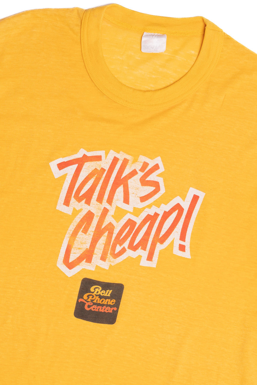 Vintage Distressed "Talk's Cheap!" Bell Phone Center Single Stitch Paper Thin T-Shirt (1980s)