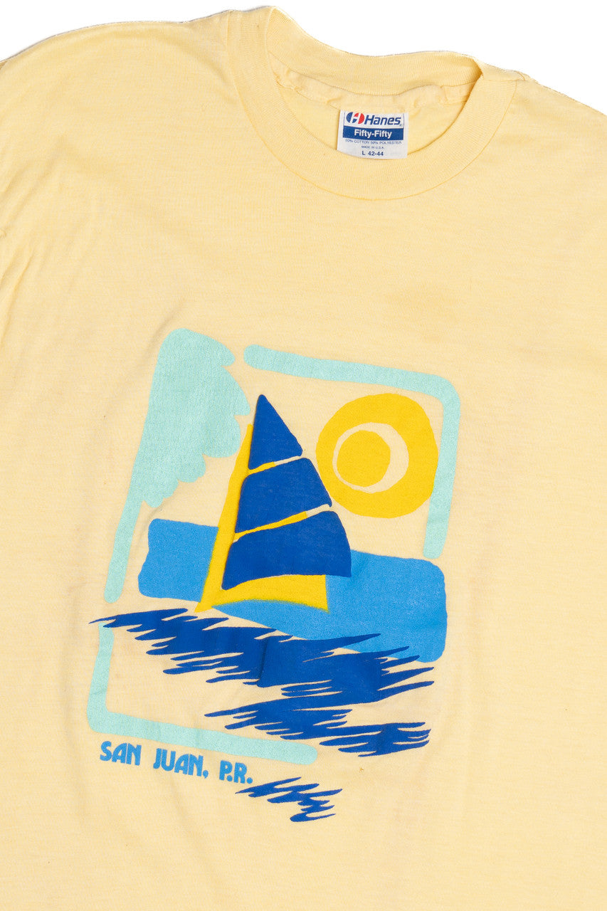 Vintage "San Juan, P.R." Sunset Sailing Embossed Print Single Stitch T-Shirt (1980s)