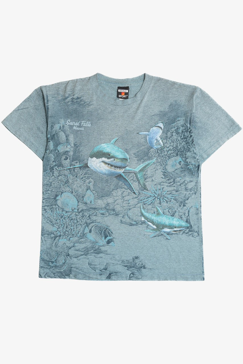 Vintage "Sacred Falls Hawaii" Shark Reef All Over Print T-Shirt