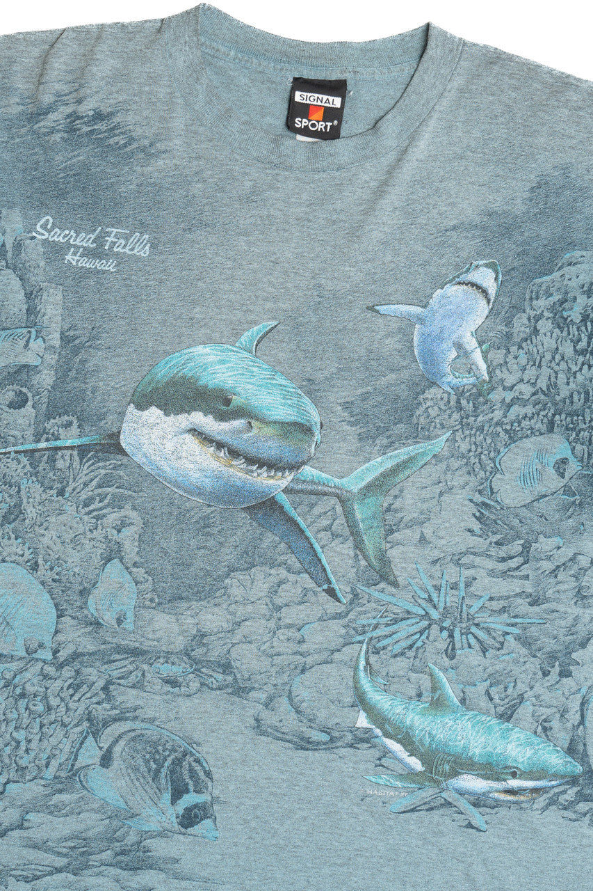 Vintage "Sacred Falls Hawaii" Shark Reef All Over Print T-Shirt