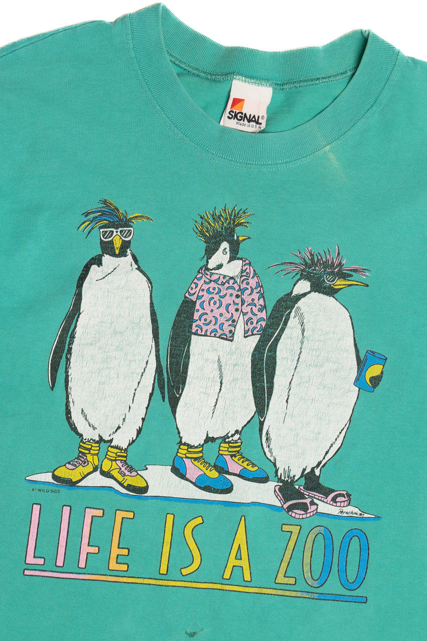 Vintage "Life Is A Zoo" Penguin Trio Crop Top T-Shirt (1990s)