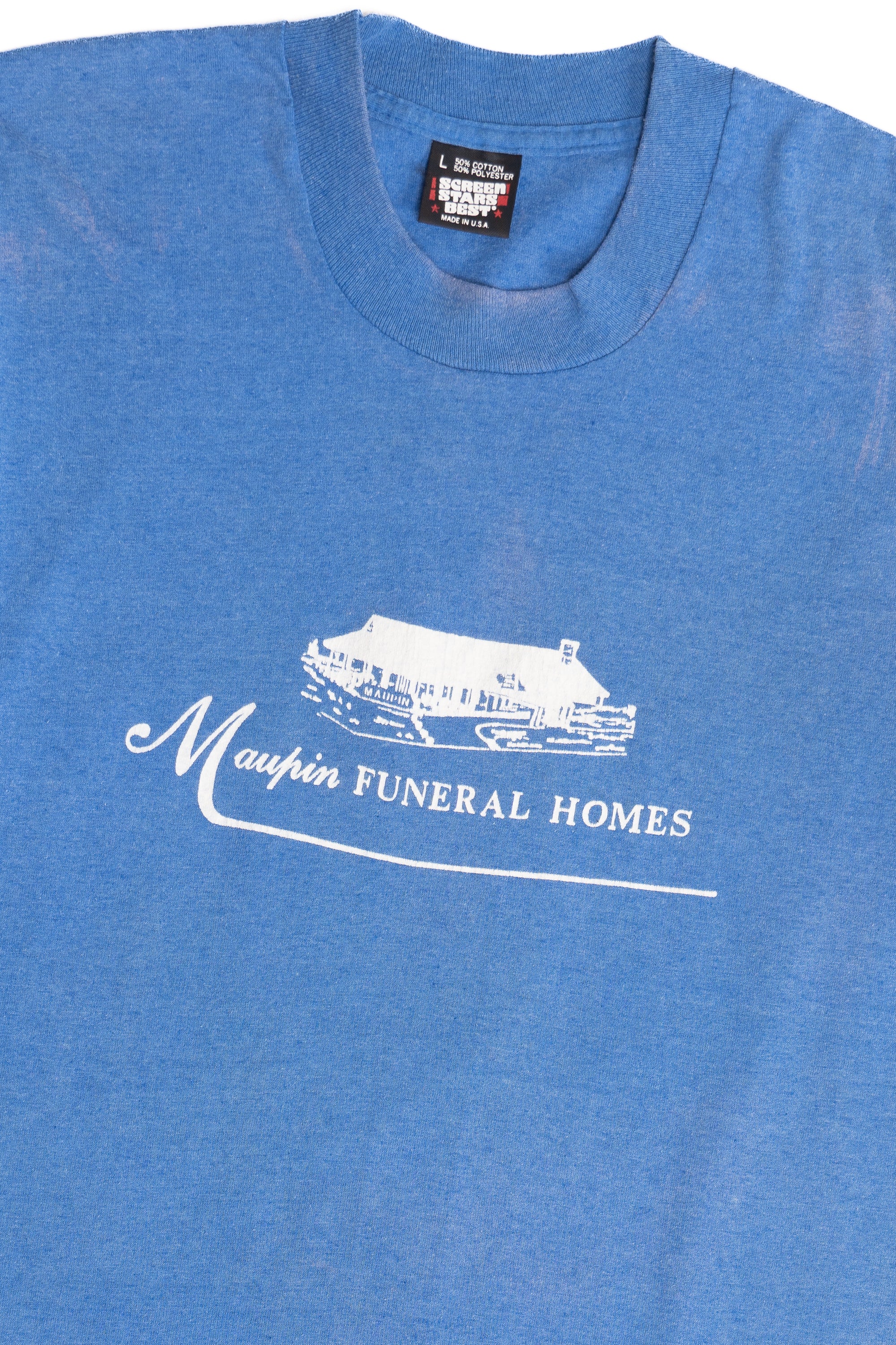 Vintage "Mauphin Funeral Homes" Sun Faded Single Stitch Screen Stars T-Shirt (1990s)