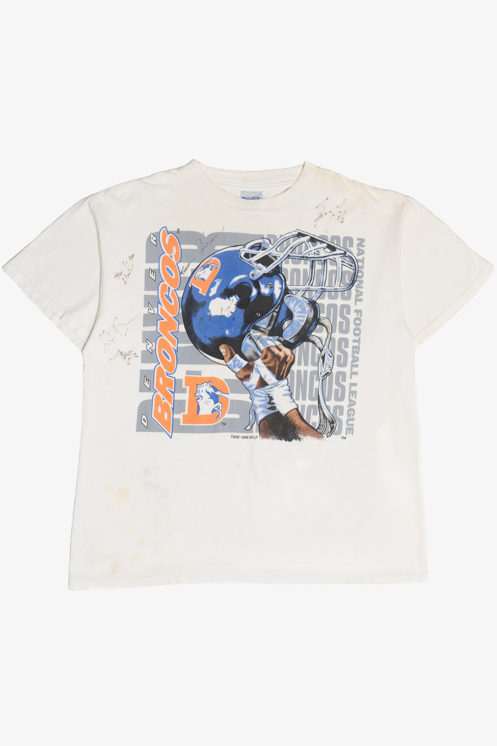 Vintage 1996 Signed Denver Broncos NFL Distressed T-Shirt (1990s)