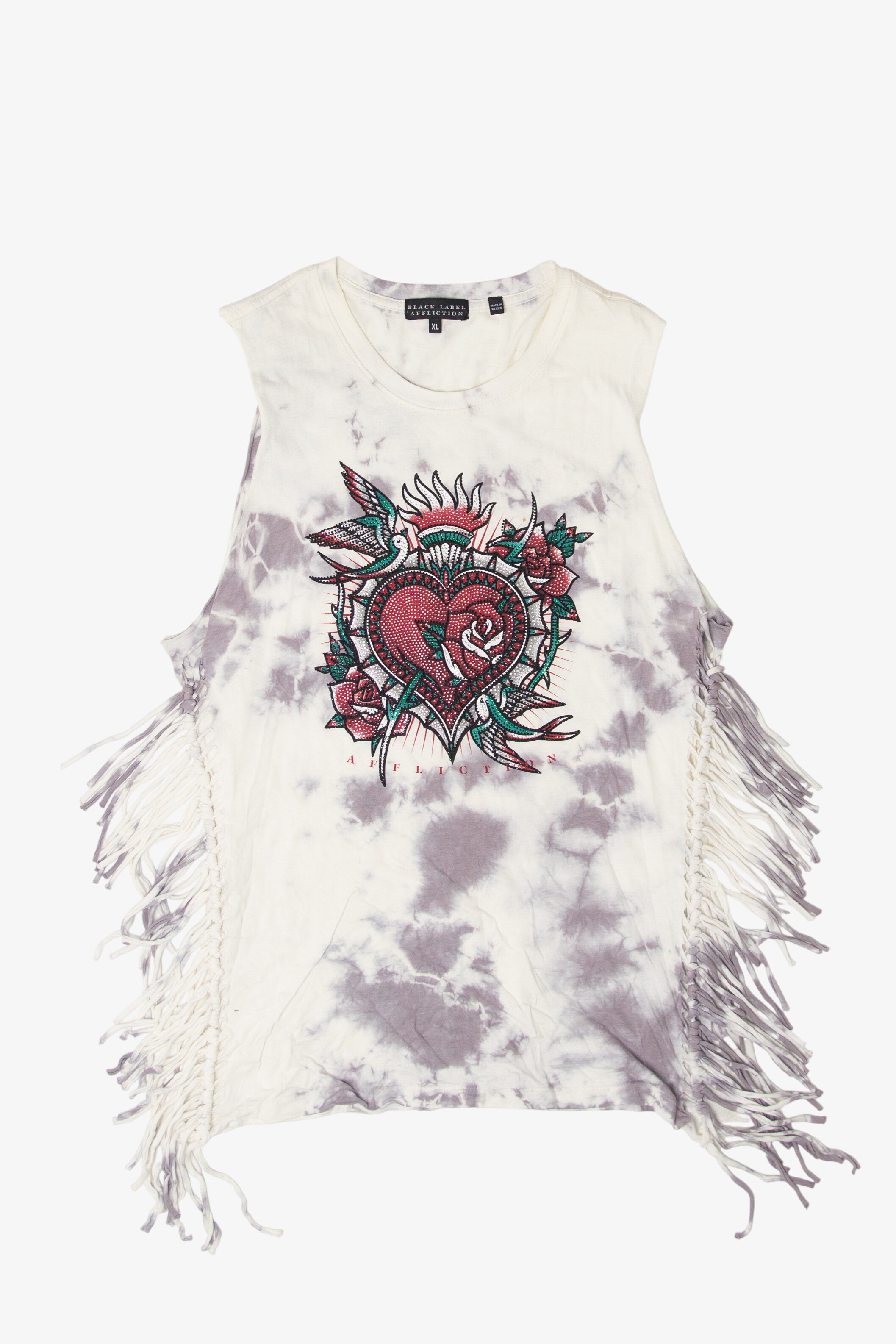 Affliction Rhinestone Tied Side Fringe Sleeveless T-Shirt