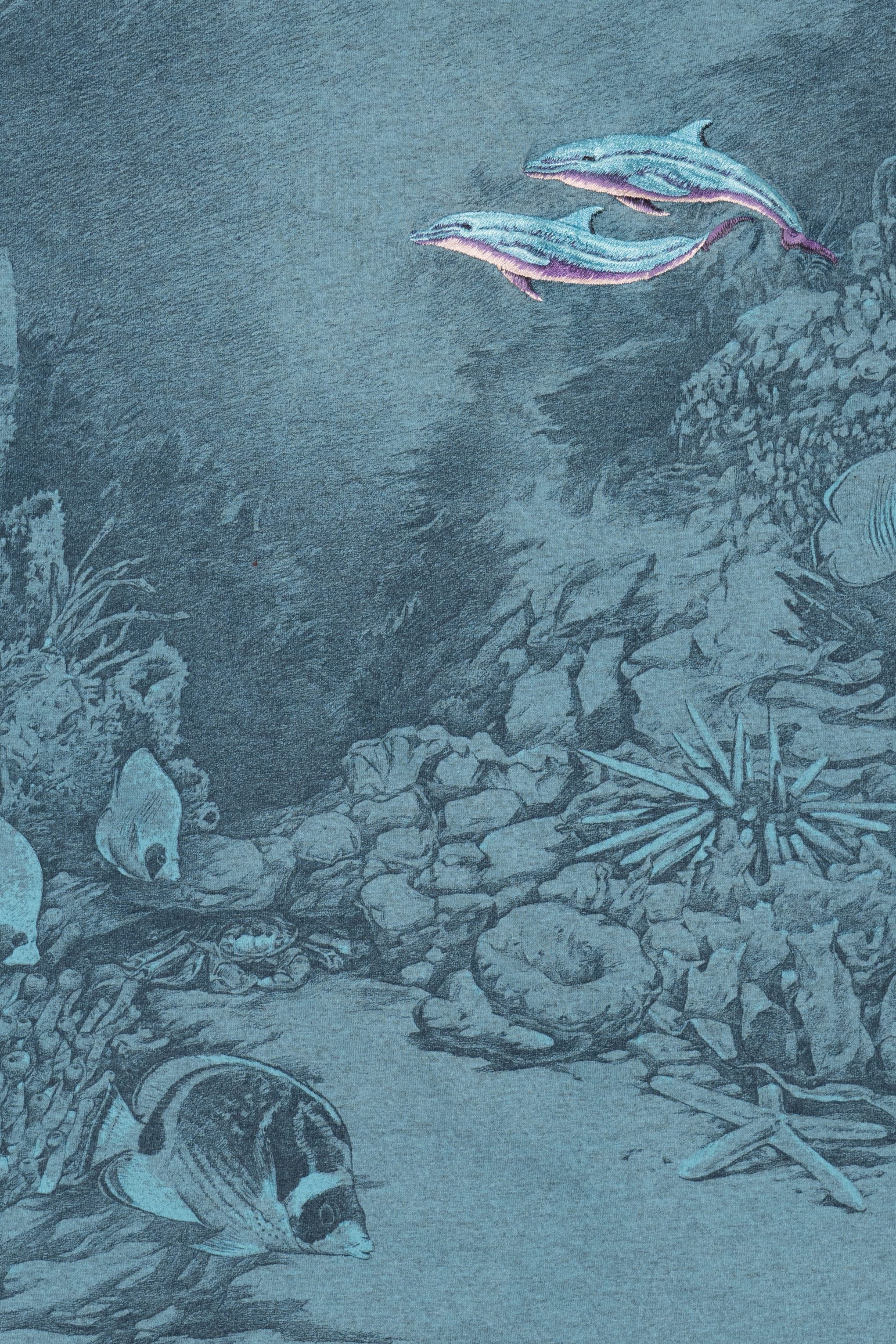 Vintage Embroidered Dolphins Underwater Scene All Over Print Single Stitch T-Shirt (1990s)