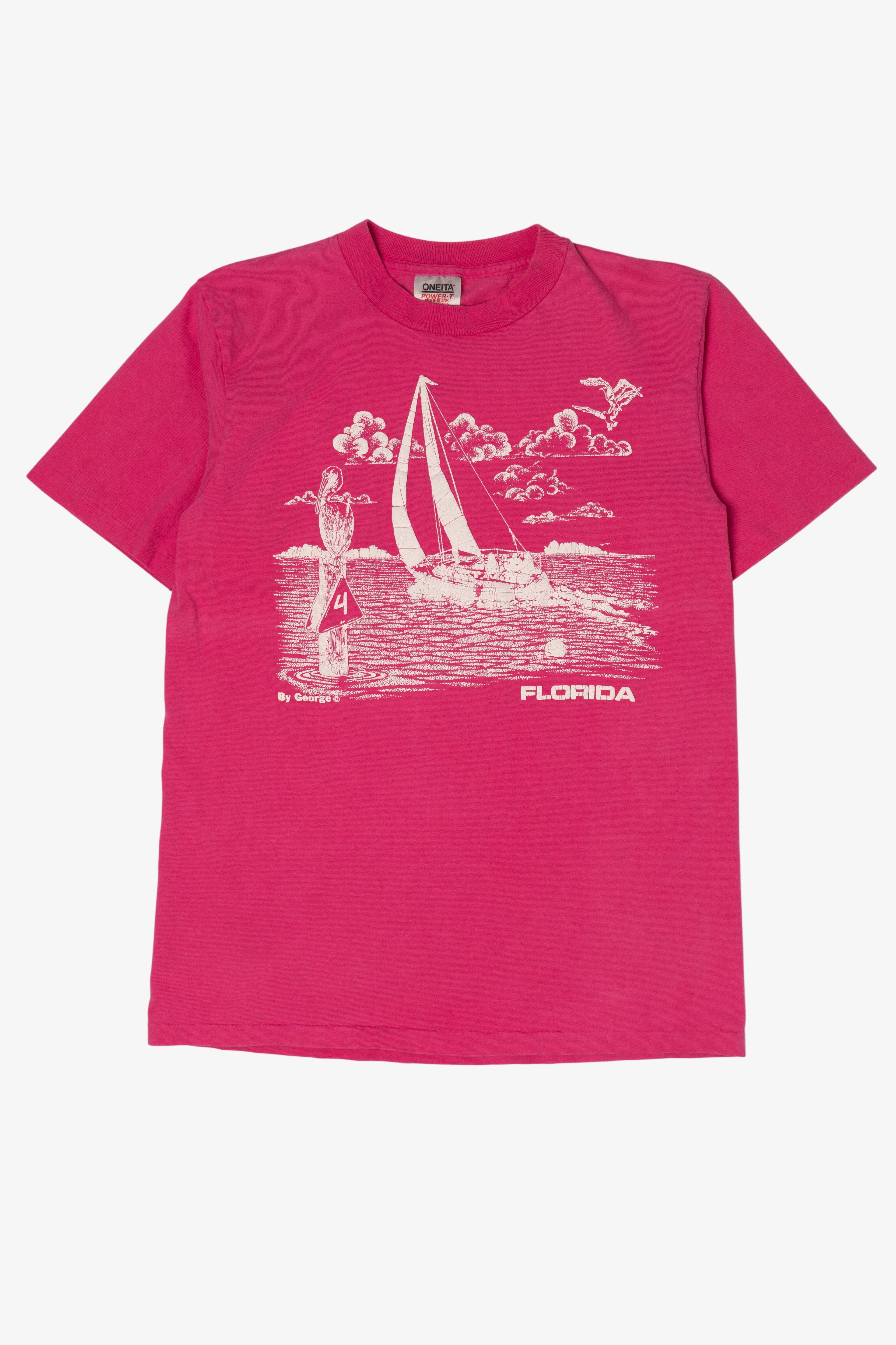 Vintage Pink Florida Embossed Sailboat Single Stitch T-Shirt (1990s)