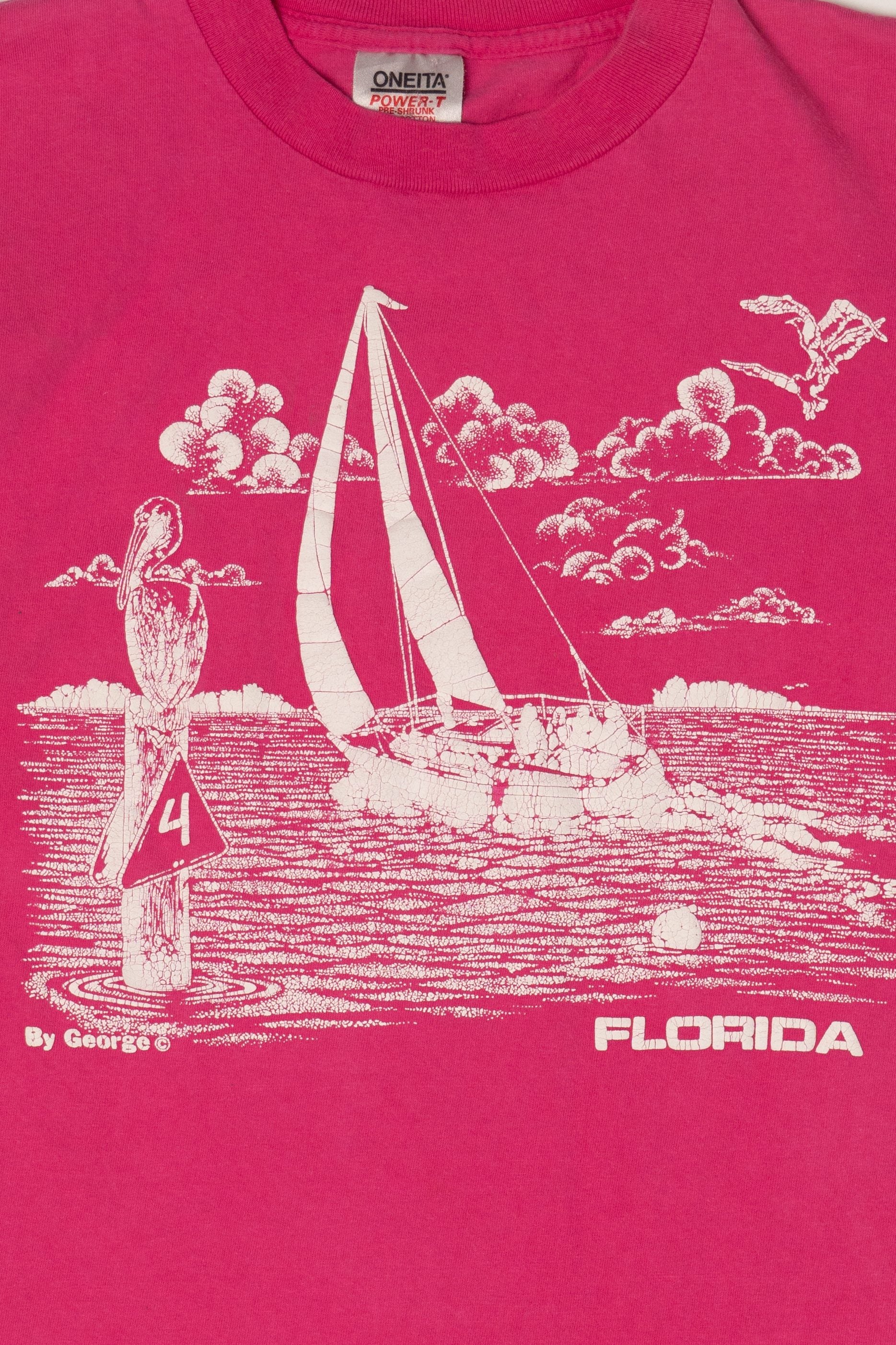 Vintage Pink Florida Embossed Sailboat Single Stitch T-Shirt (1990s)