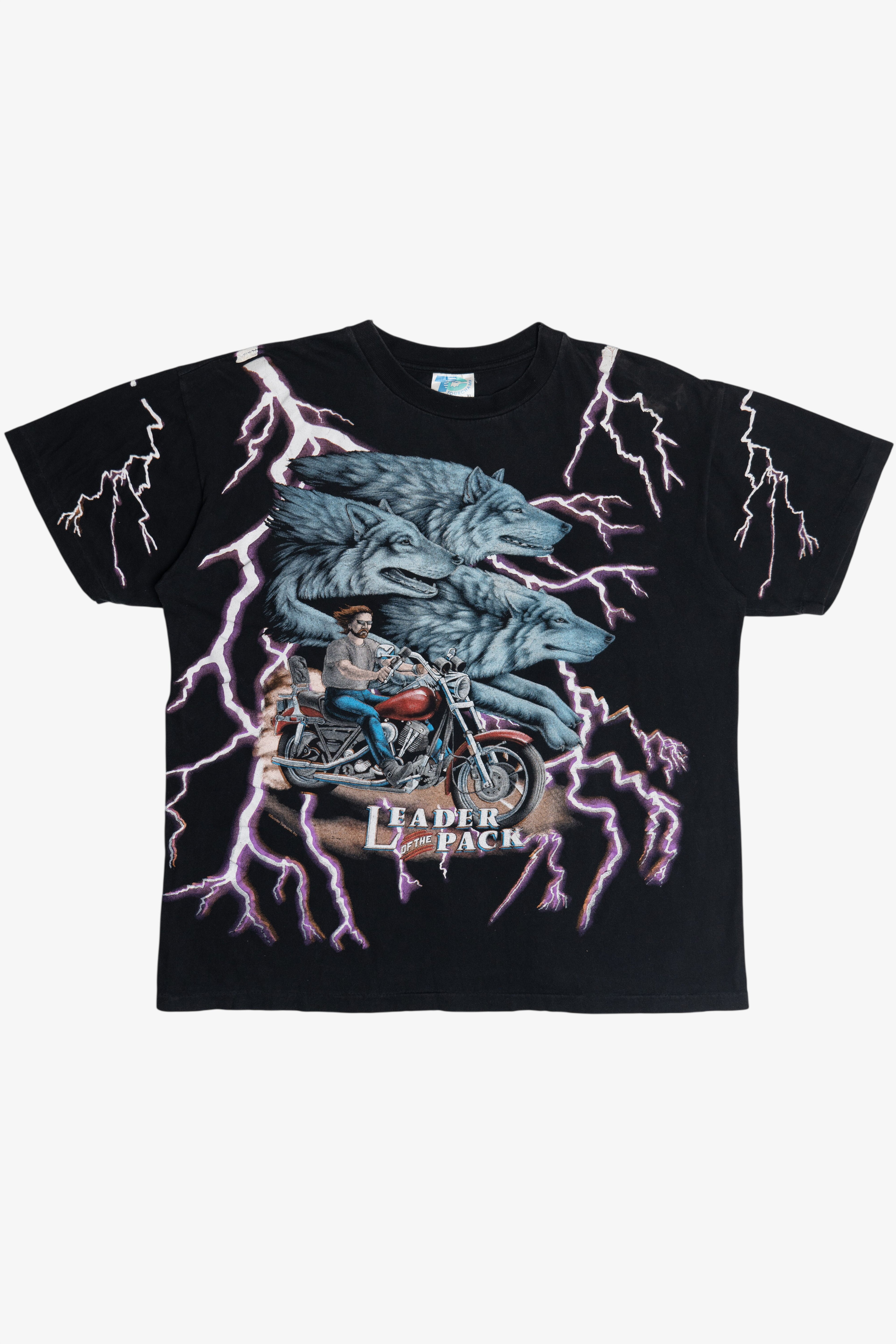 Vintage "Leader Of The Pack" American Thunder All Over Lightning Print Motorcycle T-Shirt (1990s)