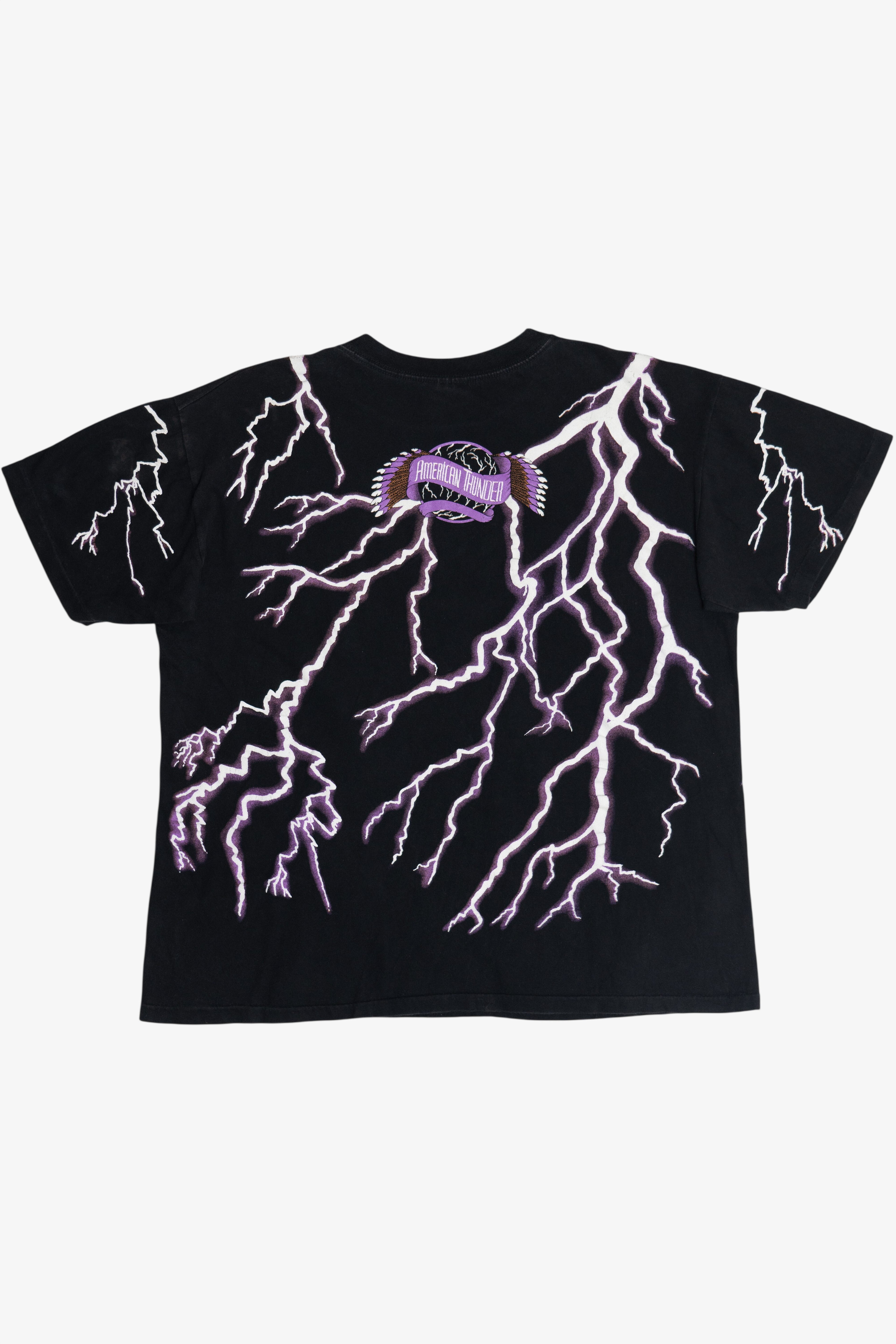 Vintage "Leader Of The Pack" American Thunder All Over Lightning Print Motorcycle T-Shirt (1990s)