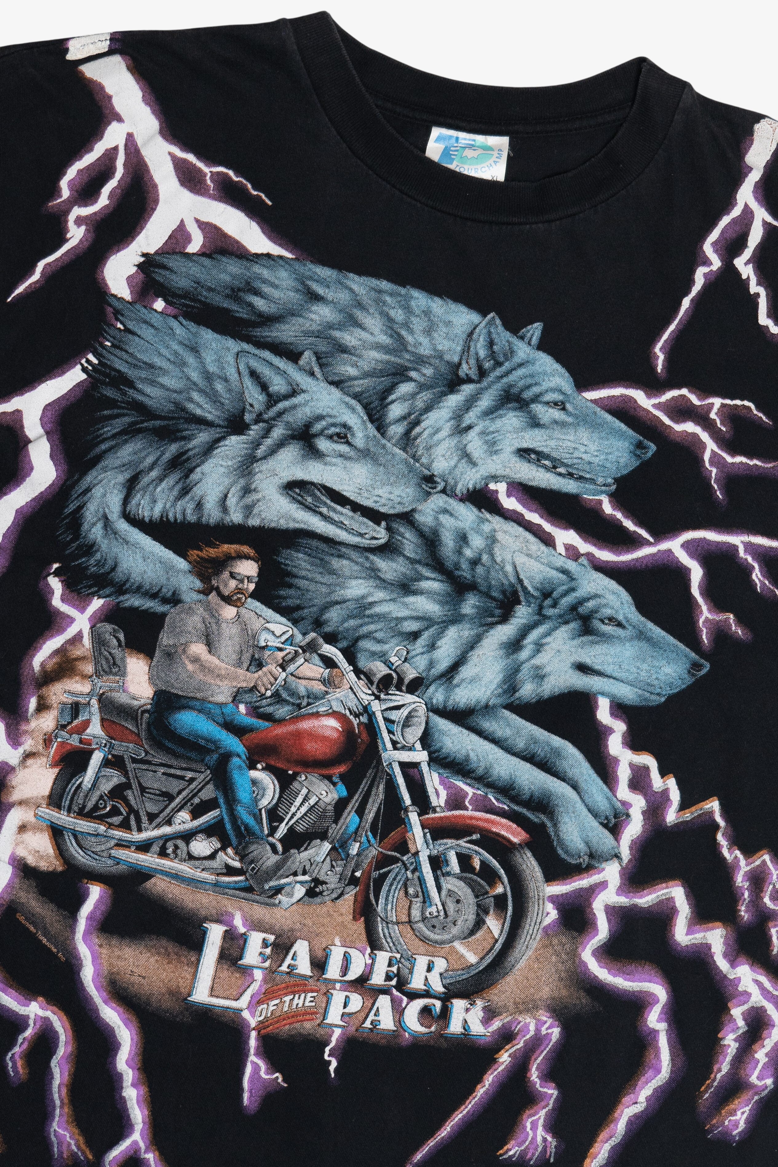 Vintage "Leader Of The Pack" American Thunder All Over Lightning Print Motorcycle T-Shirt (1990s)