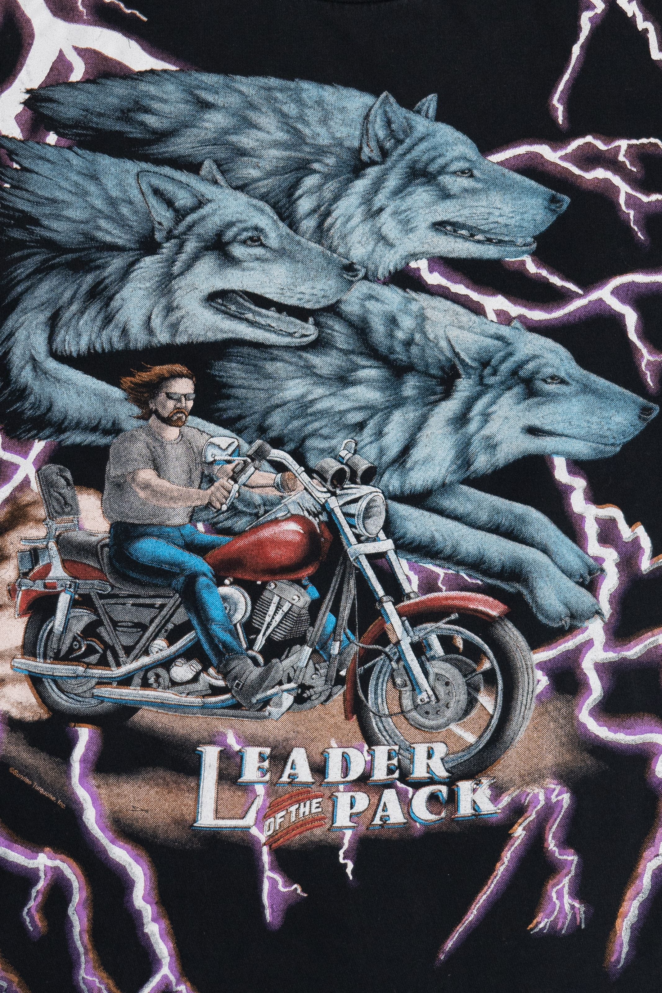 Vintage "Leader Of The Pack" American Thunder All Over Lightning Print Motorcycle T-Shirt (1990s)