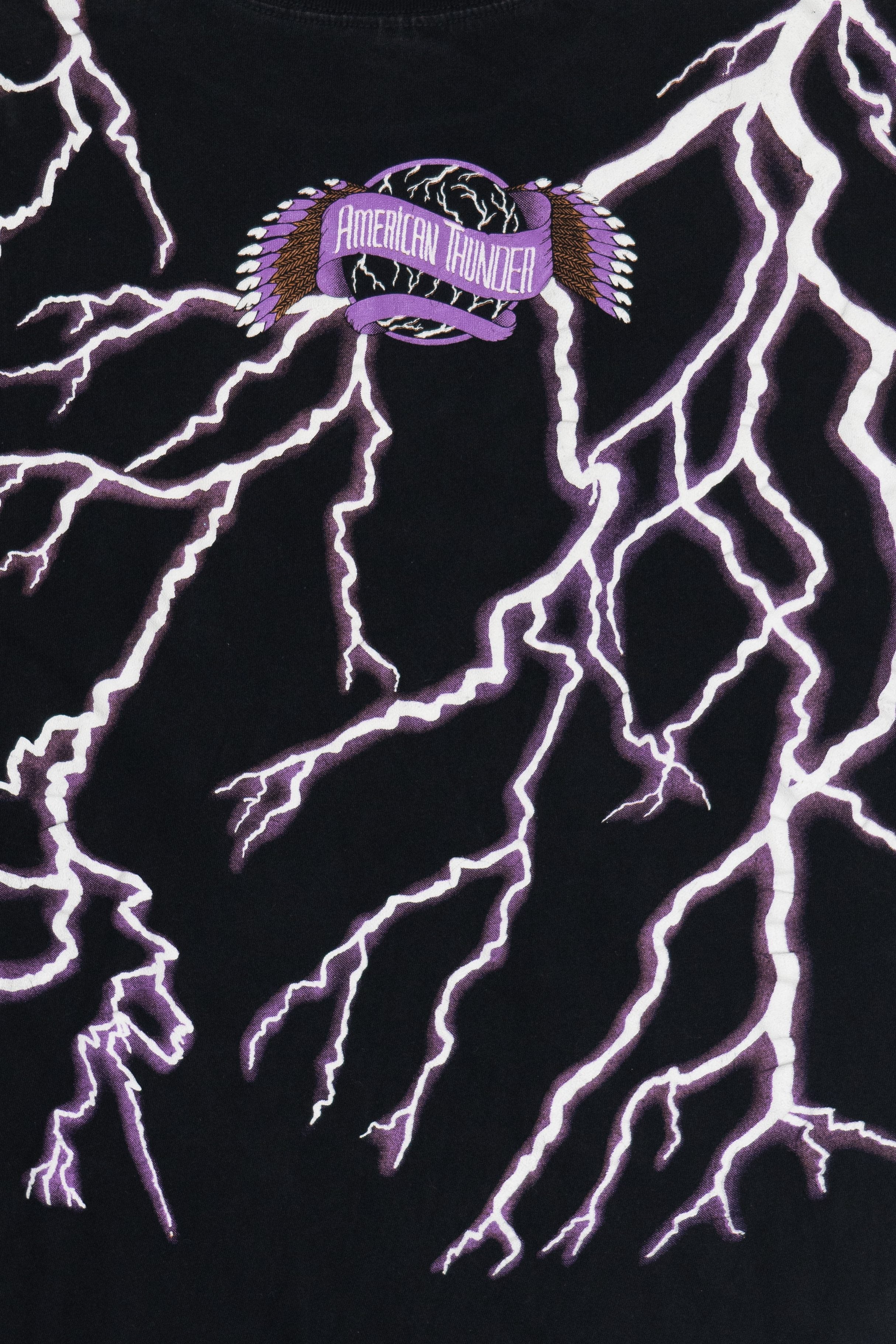 Vintage "Leader Of The Pack" American Thunder All Over Lightning Print Motorcycle T-Shirt (1990s)