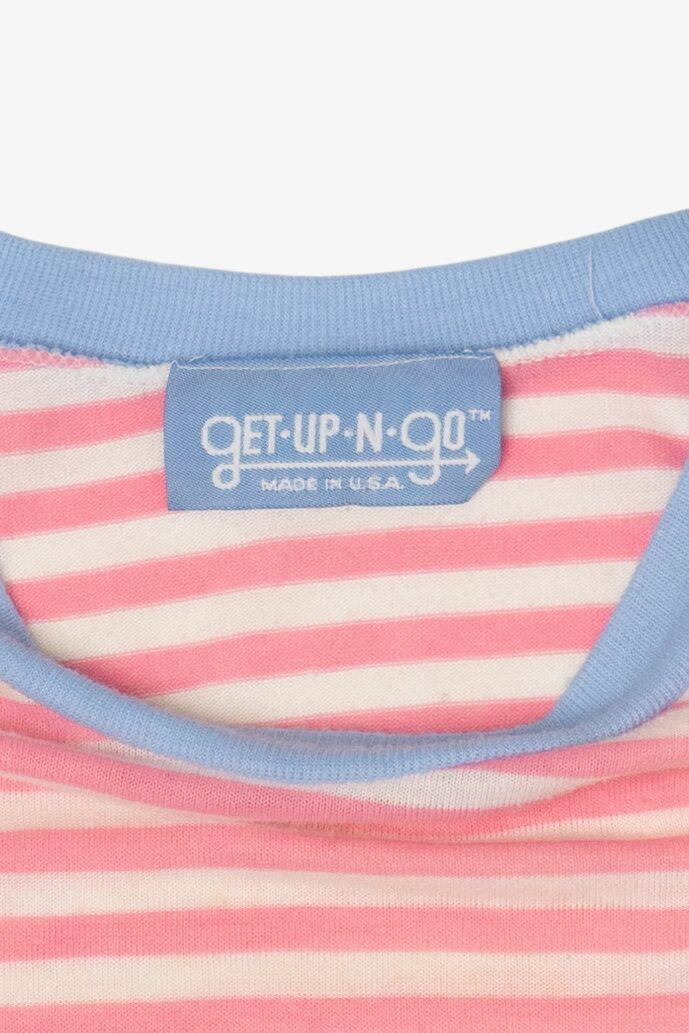 Vintage Pink Striped Embroidered Pajama Long Sleeve T-Shirt (1980s)