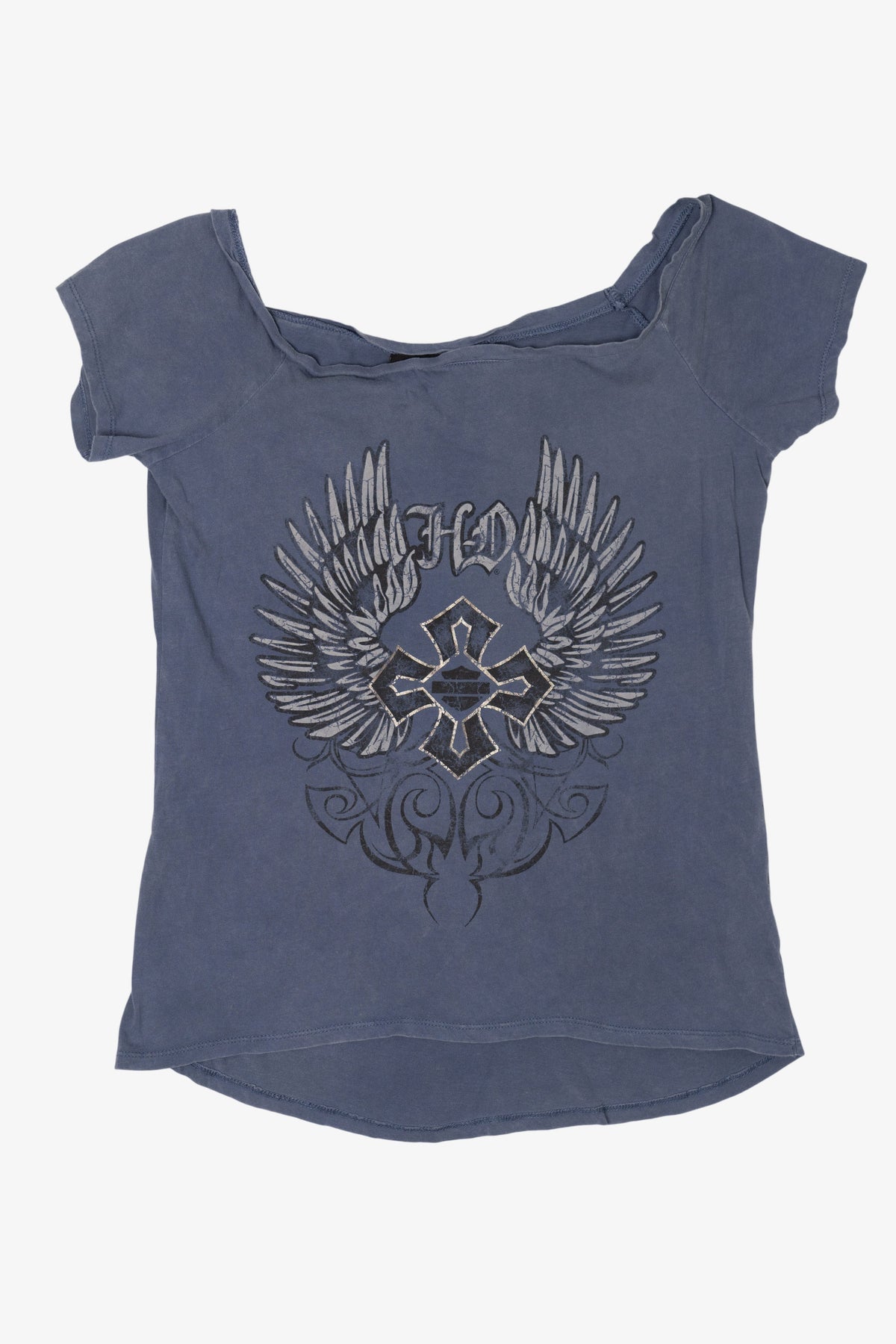 Blue Harley Davidson Wings And Cross Wide Neck T-Shirt (2000s)