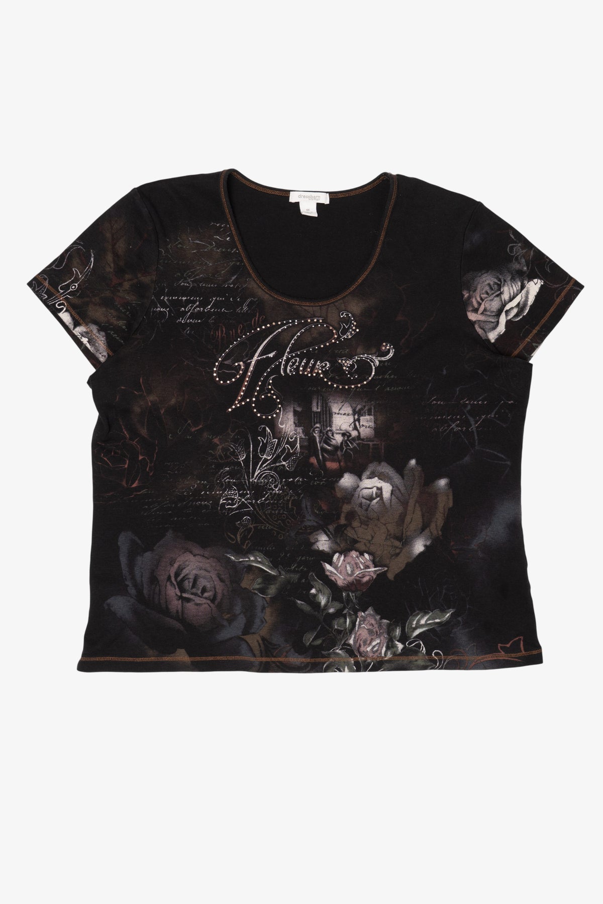 Vintage Y2k "Fleur" Rhinestone Floral Print T-Shirt (2000s)