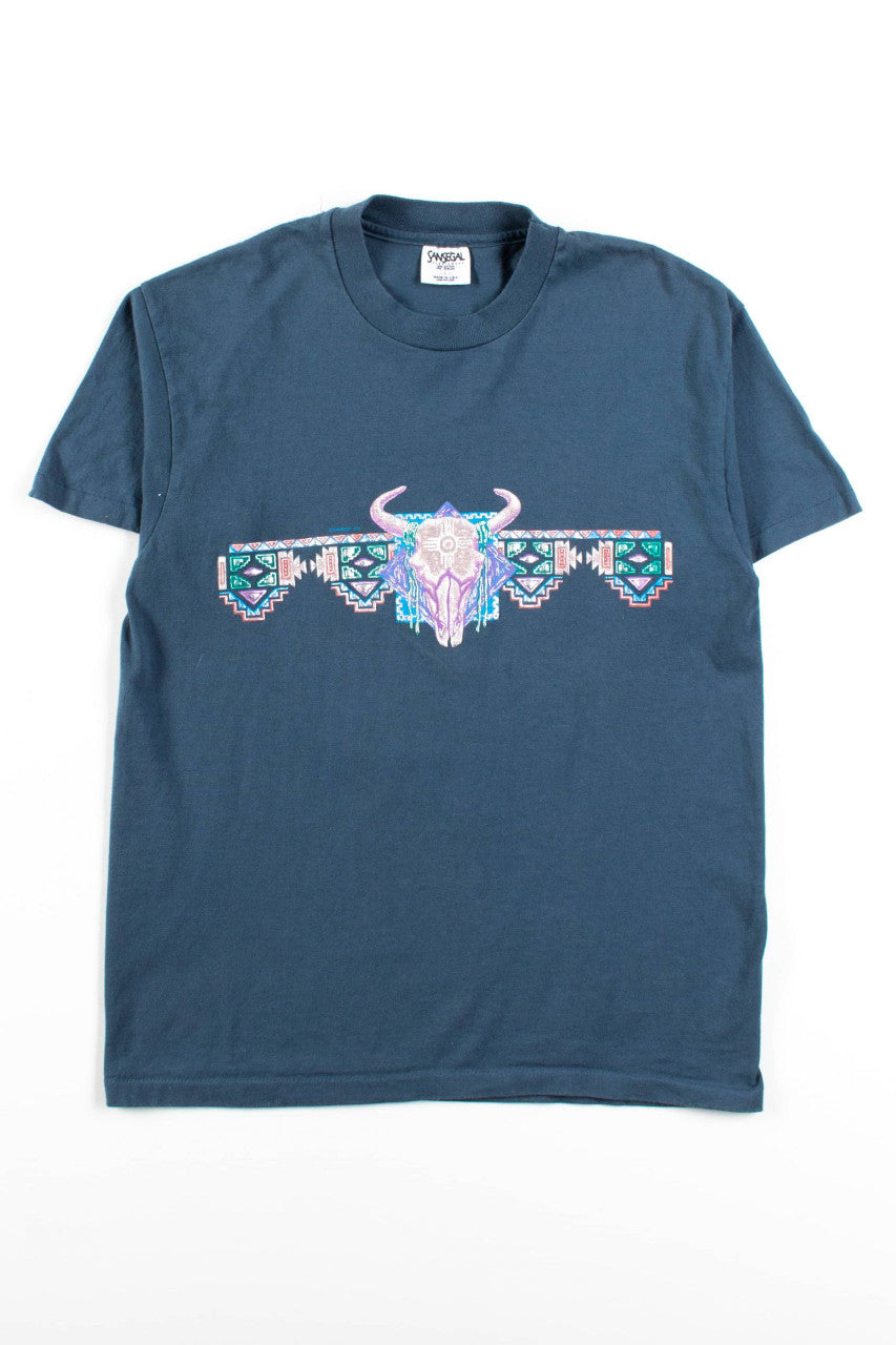 Vintage Buffalo Skull Pattern T-Shirt