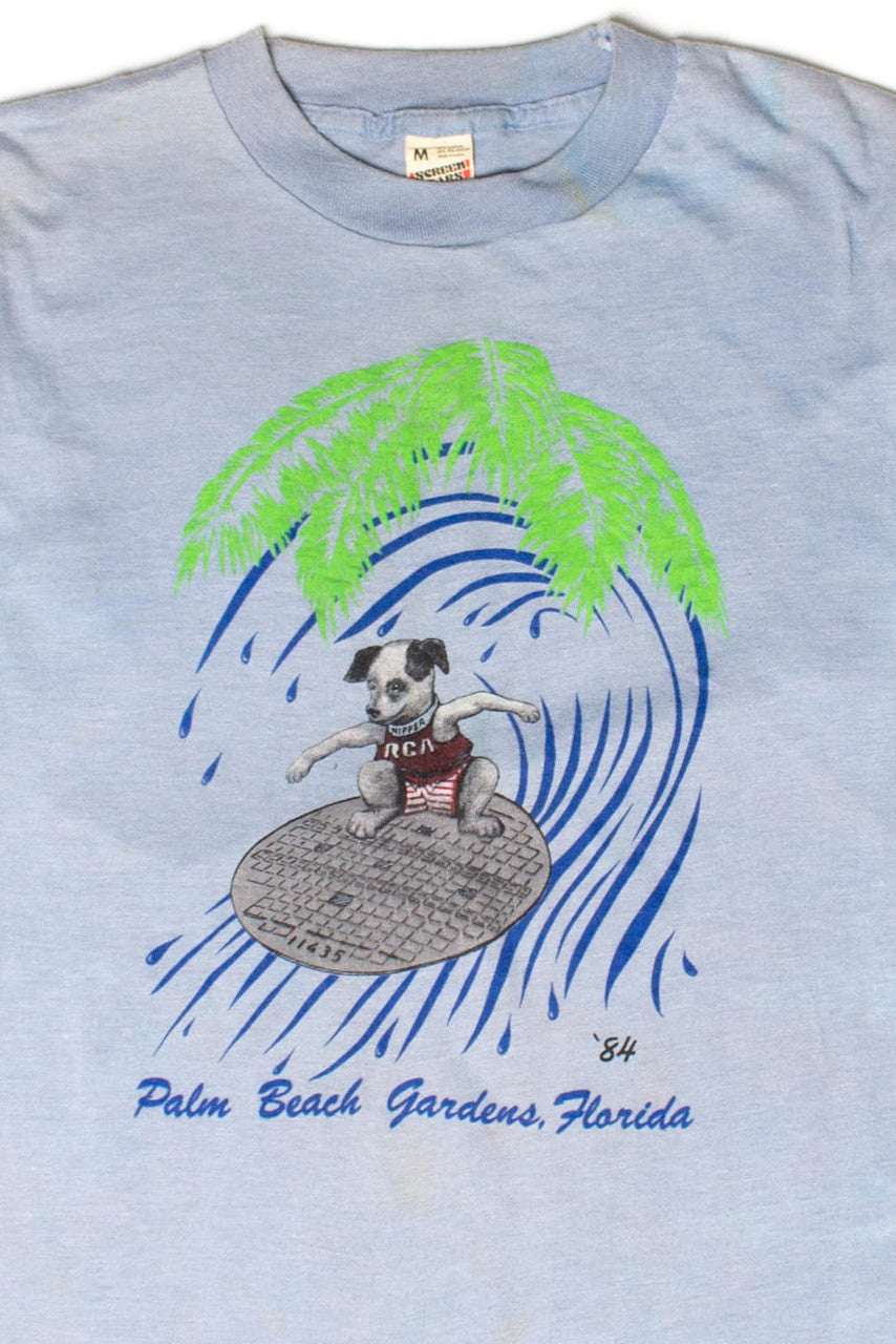 Vintage Palm Beach Gardens Surfing Dog T-Shirt (1984)